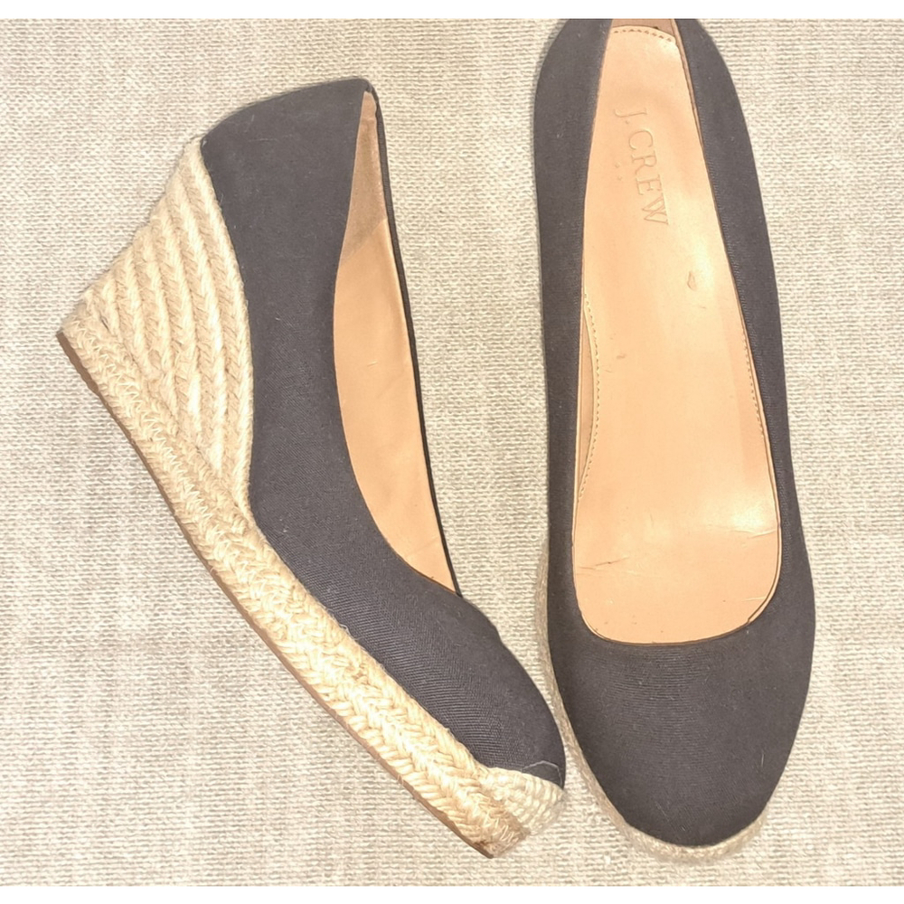 J. CREW Espadrille Wedge Pumps Size 9 Black Canvas Seville